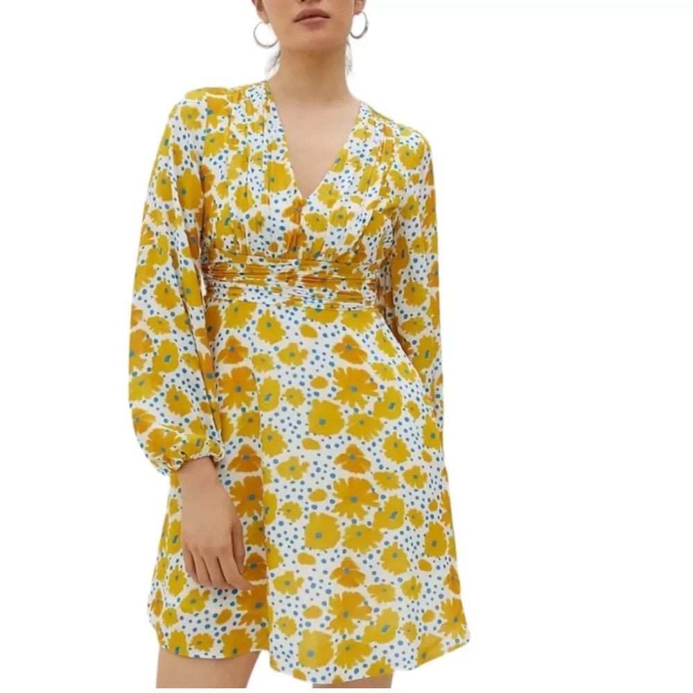 Vera‎ For Anthropologie Buttercup Cheerful Floral Print Mini Dress Sz XS Yellow